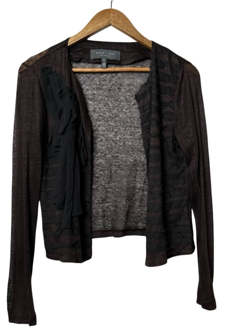 Sachin + Babi Black Sheer Open-Front Cardigan with Ruffle Detail